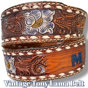 Tony Lama Monogrammed Martha Handmade Floral Brown Blue HOT Kitsch Leather Belt